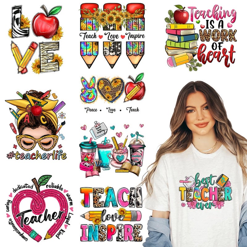 Kaciola 9 Sheets Teacher Iron on Transfers  Teacher's Day DTF Transfers Ready to Press Washable Stickers Iron on Decals for T Shirts Hoodie DIY Crafts - Image 1